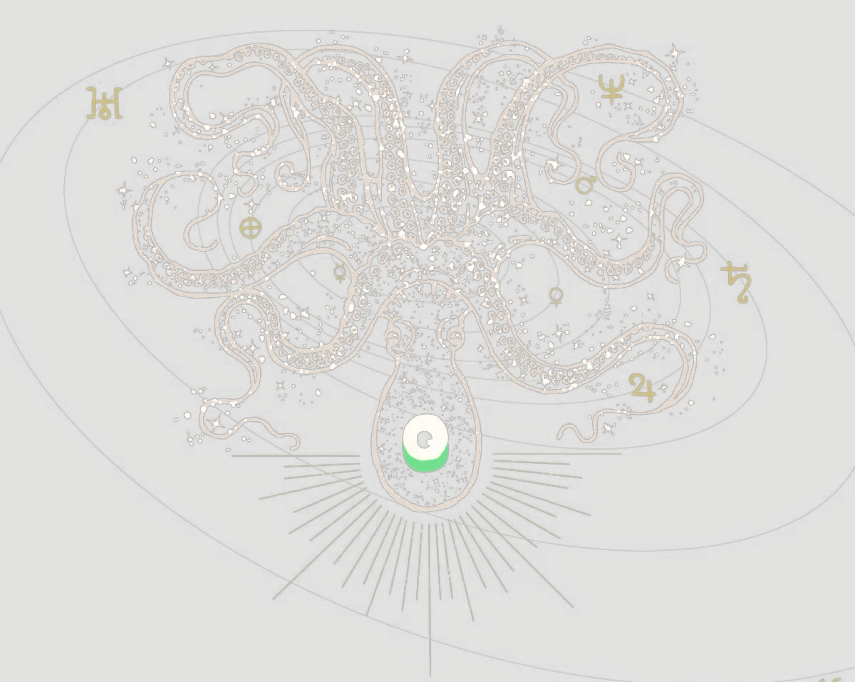 White line drawing of a celestial octopus surrounded by alchemical symbols and orbital rings, glowing softly